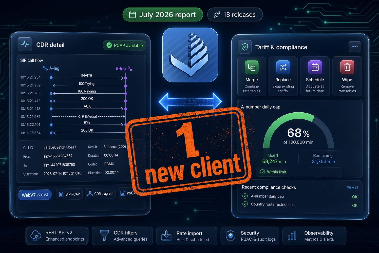 July 2026 report — WebV7 v7.0.67 → v7.0.84 (SIP PCAP, A-number caps, tariff imports)